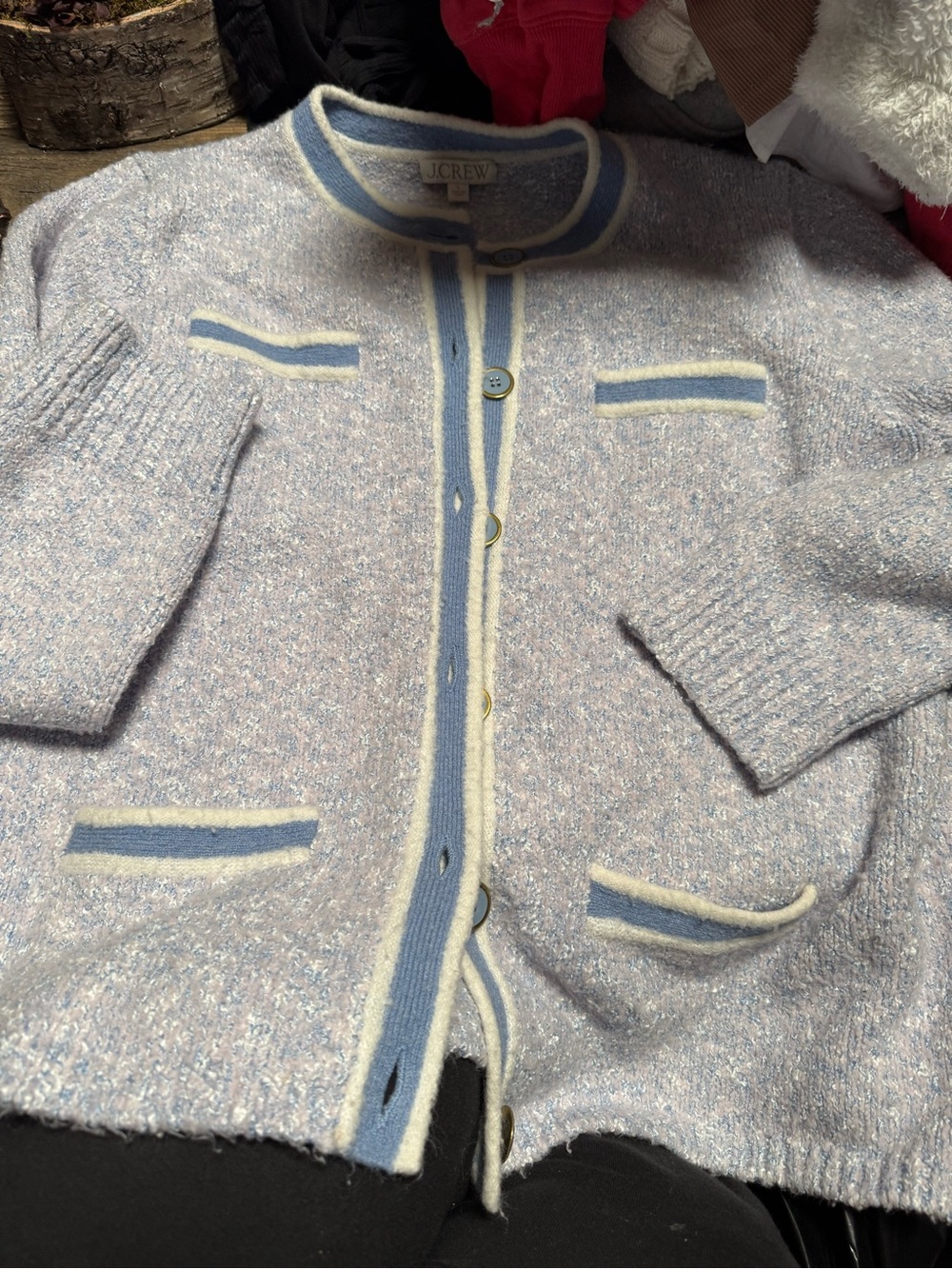 J. Crew Light Blue and Cream Bouclé Cardigan Jacket